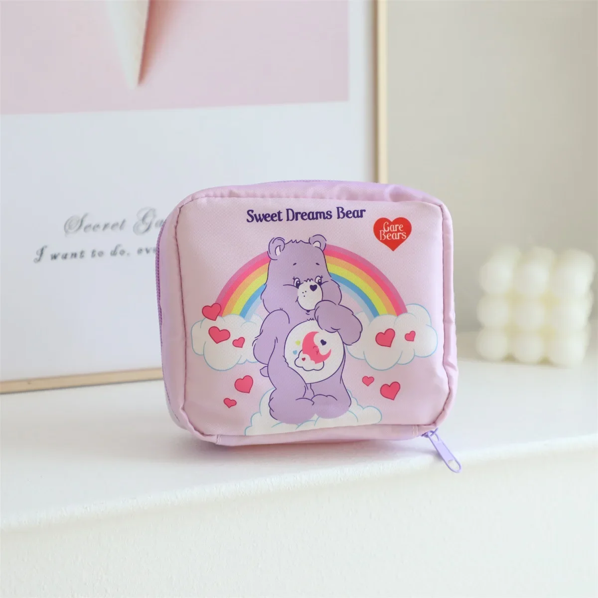 Care Bear Rainbow Bear Cartoon Makeup Bag Girls\' Sanitary Napkin Storage Bag Love Bear Print Lipstick Storage Zipper Makeup Bag