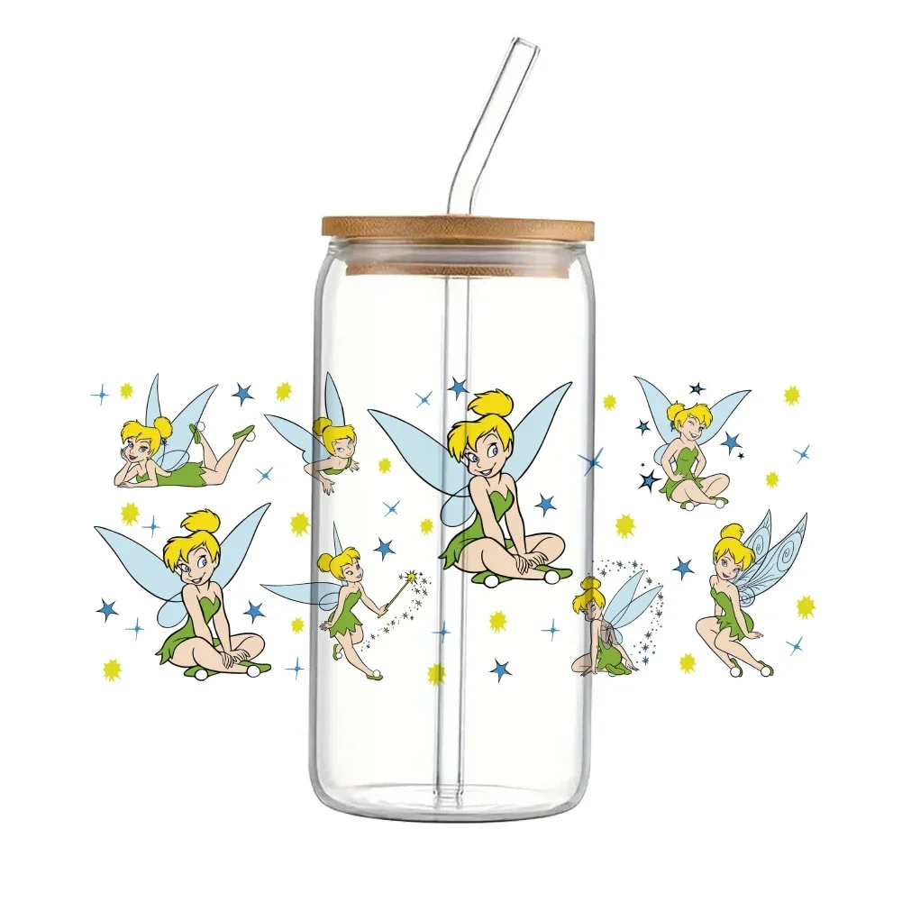 Disney princesa tinker bell 11x24cm uv dtf envolve adesivo de transferência diy para copo de vidro de 16oz decalques à prova dwaterproof água adesivo de copo de café