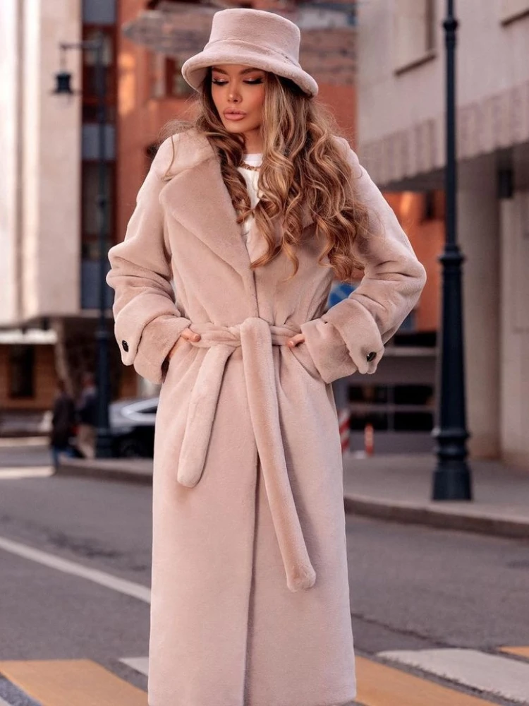 Luxury Brand Winter Faux Rabbit Fur Coat Women Long Fur Coat Thick Warm Soft Belt Trench Coat Lapel Overcoat Fluffy Jacket Trend