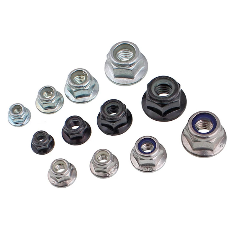 2/5/10 PC M3 M4 M5 M6 M8 M10 M12 สีดําคาร์บอน 304 A2 สแตนเลส HEX FLANGE ไนลอนใส่ล็อค NUT Self-locking Nylock Locknut