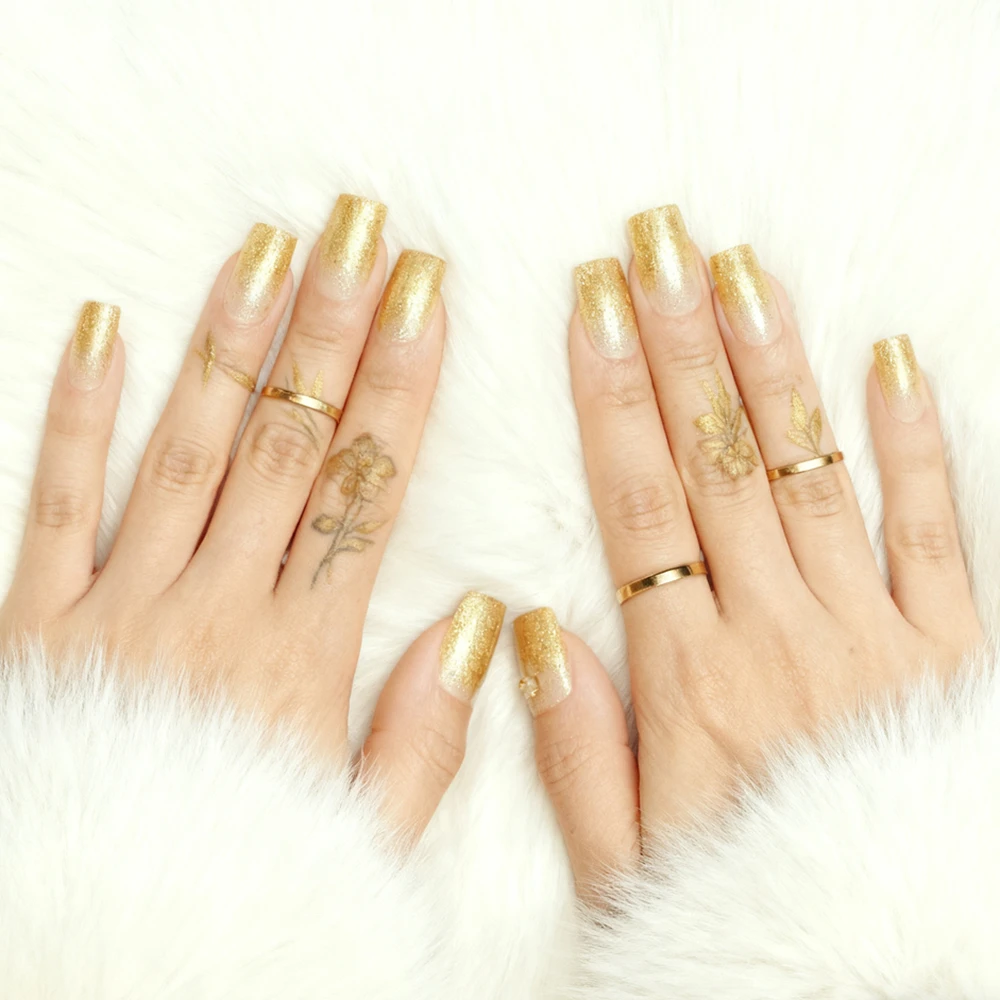 

24Pcs Acrylic French Fake Nails With Glue Glitter Gold False Nails Press Ons For Woman Long Square DIY Manicure Wholesale Kits