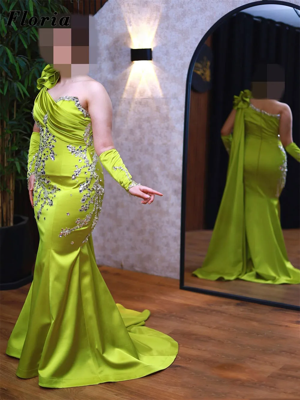 

Sparkly Green One Shoulder Evening Dresses With Gloves Customized Beaded Mermaid Red Carpet Runway Dress Wedding Party Gowns