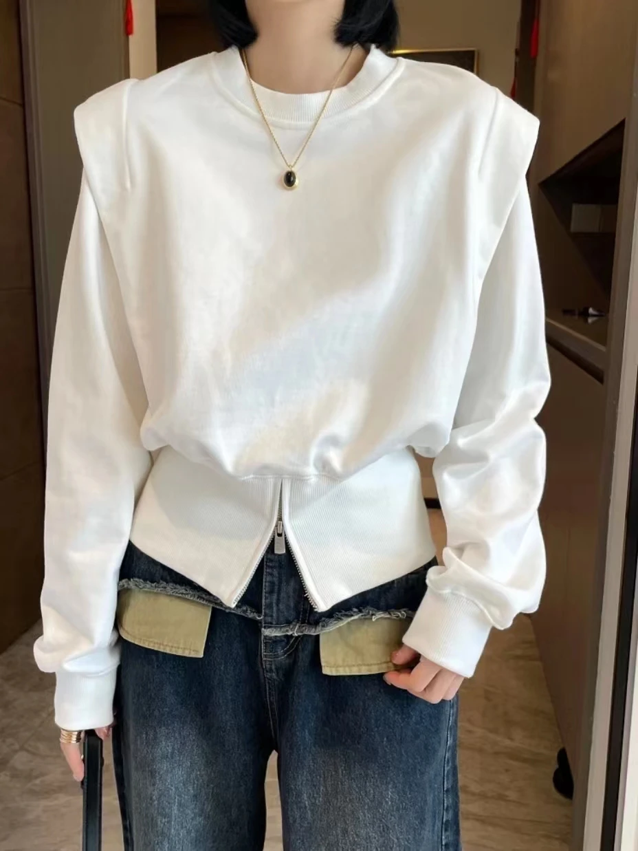 

White round Neck Short Sleeve Women's Sweatshirt Spring Autumn Fashion Trend Slim Fit Uneven Hem Long Sleeve Top