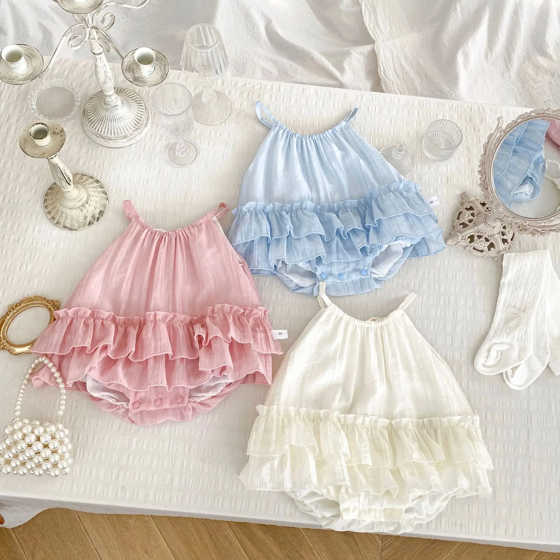 

2026 Summer New Baby Girl Sleeveless Sling Bodysuit Solid Cute Infant Girl Tiered Dress Cotton Toddler Princess Clothes 0-24M