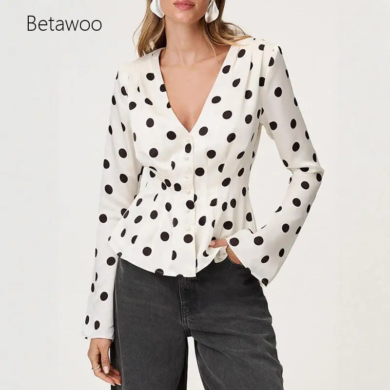 2026 Womens White Polka Dot V Neck Long Sleeve Peplum Blouse with Button Front and Flare Sleeves