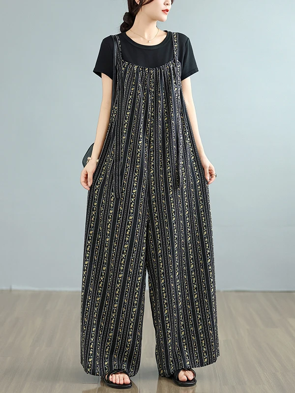 ريترو التخسيس الصيف 2025 بذلة واسعة الساق عادية فضفاضة تناسب مطبوعة السراويل الطويلة l الخصر زر التفاصيل Bal