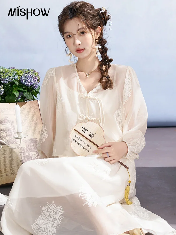 

MISHOW Chinese Milk Apricot Blouse Dress Separately 2024 Spring Embroidery V Neck Top Solid A-line Camisole Dress MXD11L1733