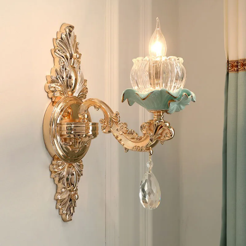 French Garden Crystal Wall Lamp European Luxury Atmospheric Living Room Lights Creative Zinc Alloy Bedroom Bedside Luminaire
