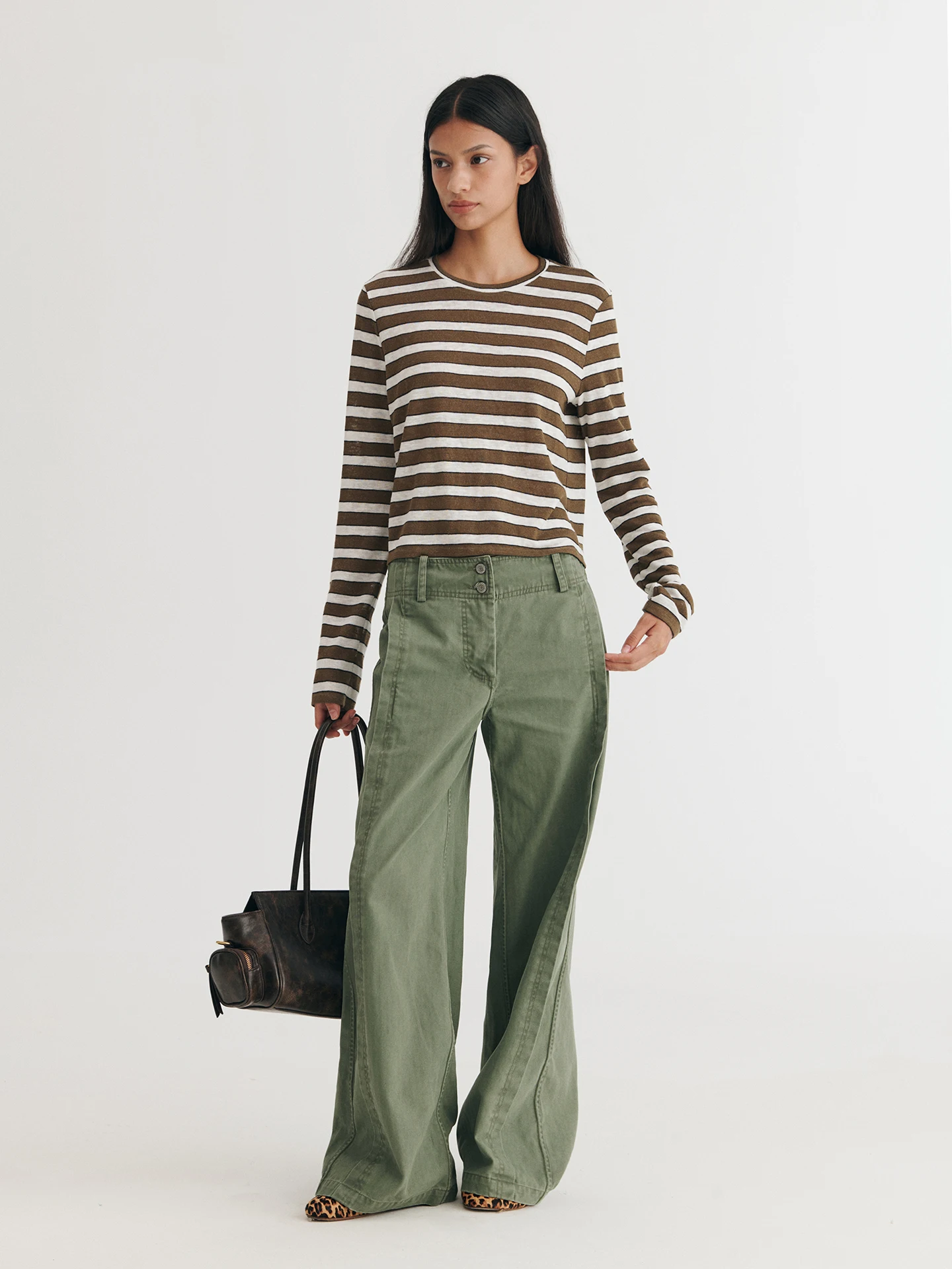 Dozzease Casual Knitted Long Sleeve T-Shirt Women's Loose Fit Overhead Top Stripe Pattern Soft Comfortable Breathable Polyester