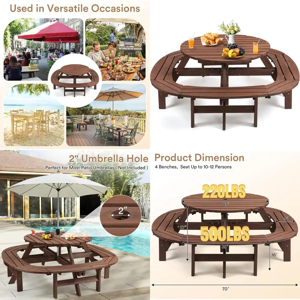 

Большой круглый стол для пикника на 10-12 человек, с отверстием для зонта, изогнутыми скамьями, подходит для использования на открытом воздухе, коричневый