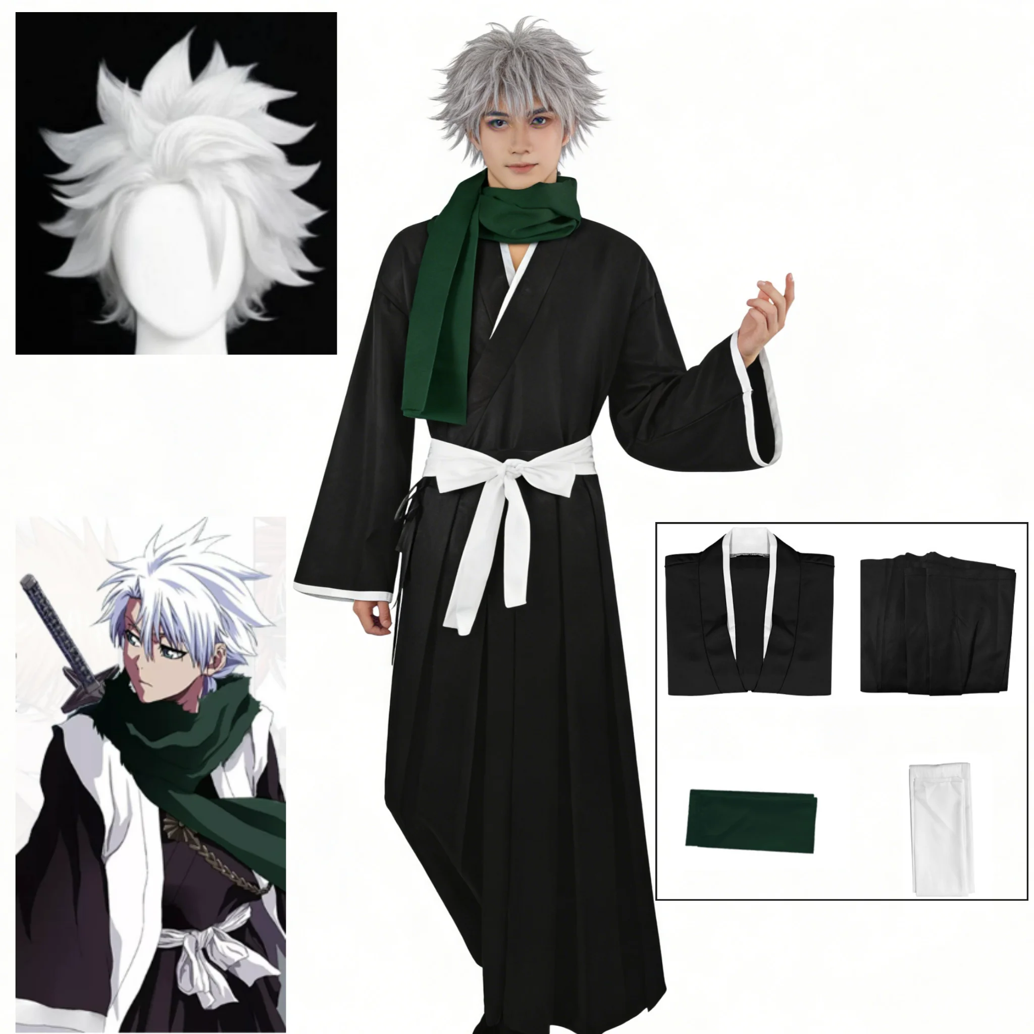 Anime BLEACH Hitsugaya Toshiro Cosplay disfraz peluca negro blanco ropa capa pantalones conjunto completo Halloween Anime fiesta traje de juego de rol