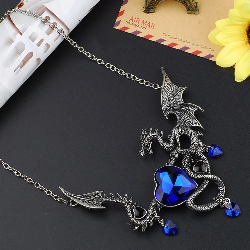 Gothic Heart-Shaped Men\'s Pendant Necklace Zircon Inlaid Fashion Jewelry Dragon Personality Punk Hip Hop Domineering Necklace