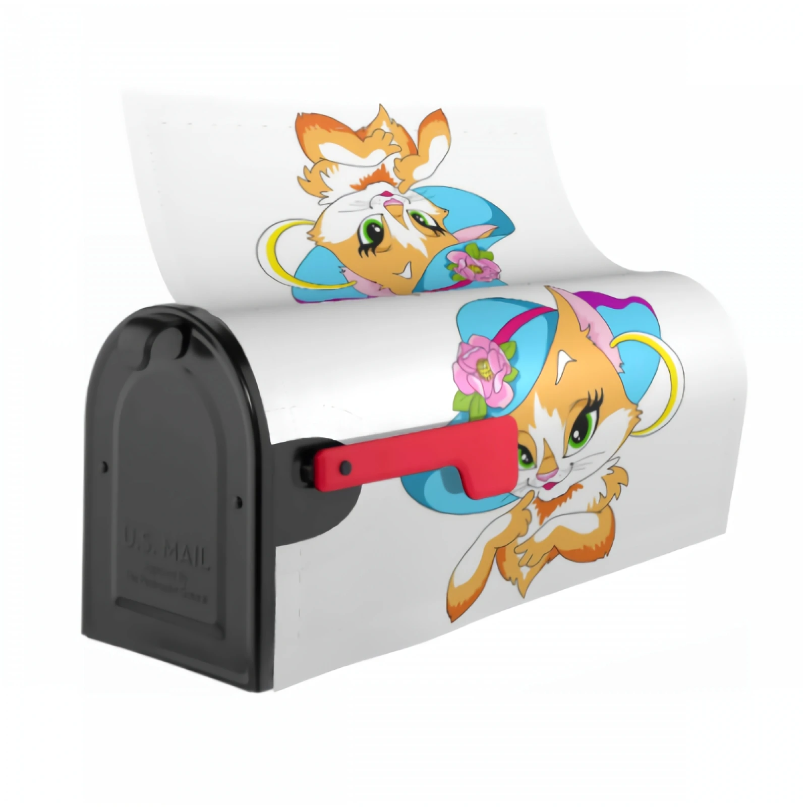 Lovely Kitty With Hat Magnetic Mailbox Cover Cartoon Cat Lady Waterproof Mailbox Wraps Post Letter Box Decor Standard 21x18 Inch