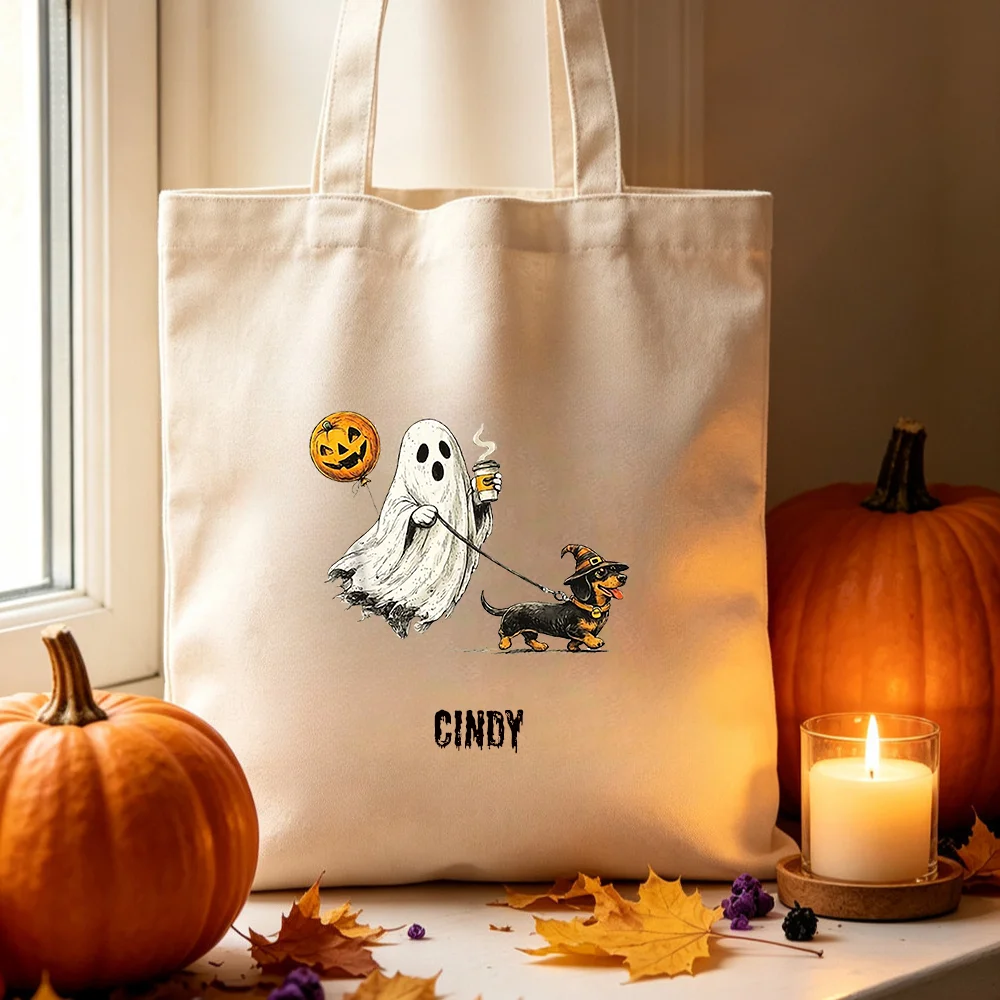 2026 New Custom Name Halloween Canvas Tote Bag,Fashion Print Reusable Shoulder Shopping Bag Holiday Gift for Friends.