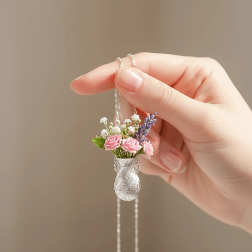 Silver Hollow Vase Pendant Necklace Alloy Can Be Arranged with Flowers Collarbone Chain Vase Pendant Geometric
