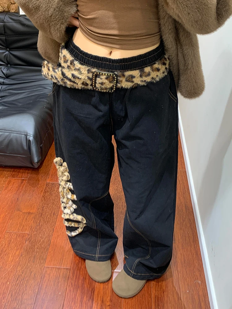 

American High Street Personali Design Leopard Print Splicing Jeans Women's Vintage Loose BF Lazy Sle Floor-Length Pants