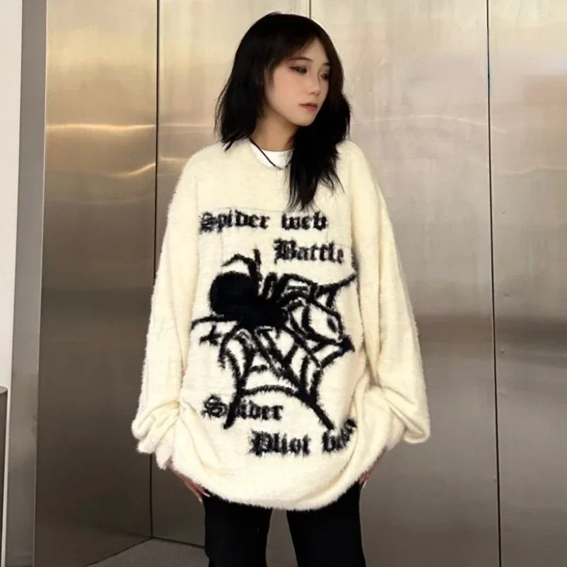 Ameican Retro Knitted Pullovers Women Spider-prints Street Wear Punk Autumn Winter Loose Stylish Teens Sweaters Leisure Grunge