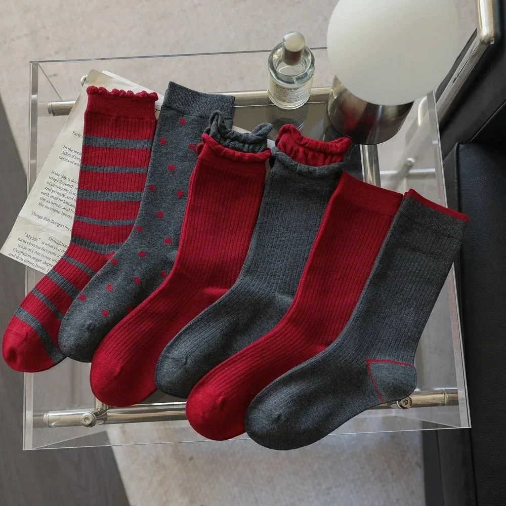 Striped Women Frilly Lace Socks Red Gray Elastic Loose High Long Socks Girls Polka Dot Harajuku Retro Cotton Middle Tube Socks