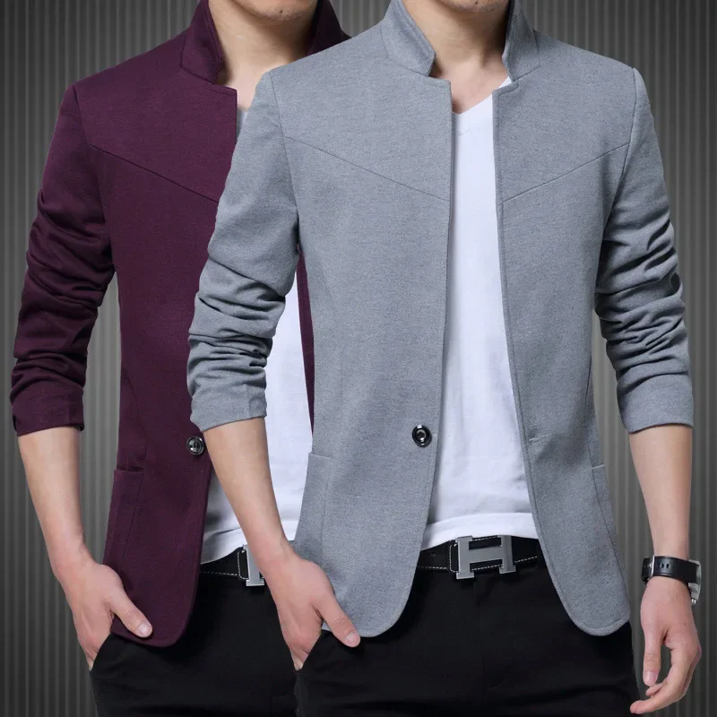 Men\'s Casual Slim Fit Solid Suit Blazer Jacket Men Wedding Dress Blazer Male Stand Collar Blazer Masculino Pluse Size FS-125