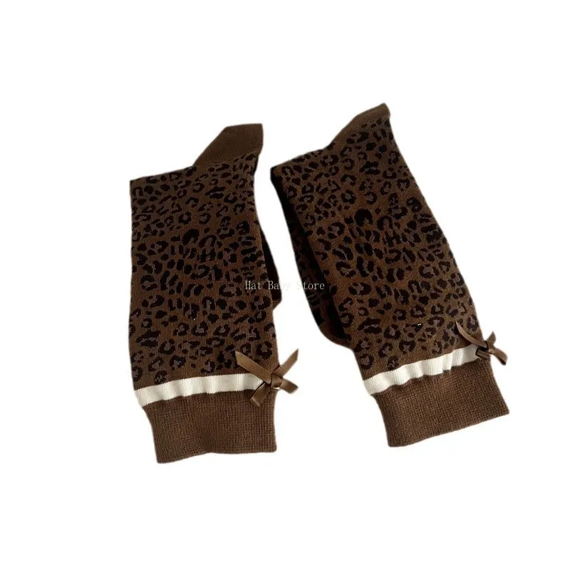 Leopard Printed Socks Women Bandage Ribbon Bow Y2k Girls Middle Tube Socks Japanese Fashion Harajuku Retro Streetwear Long Socks