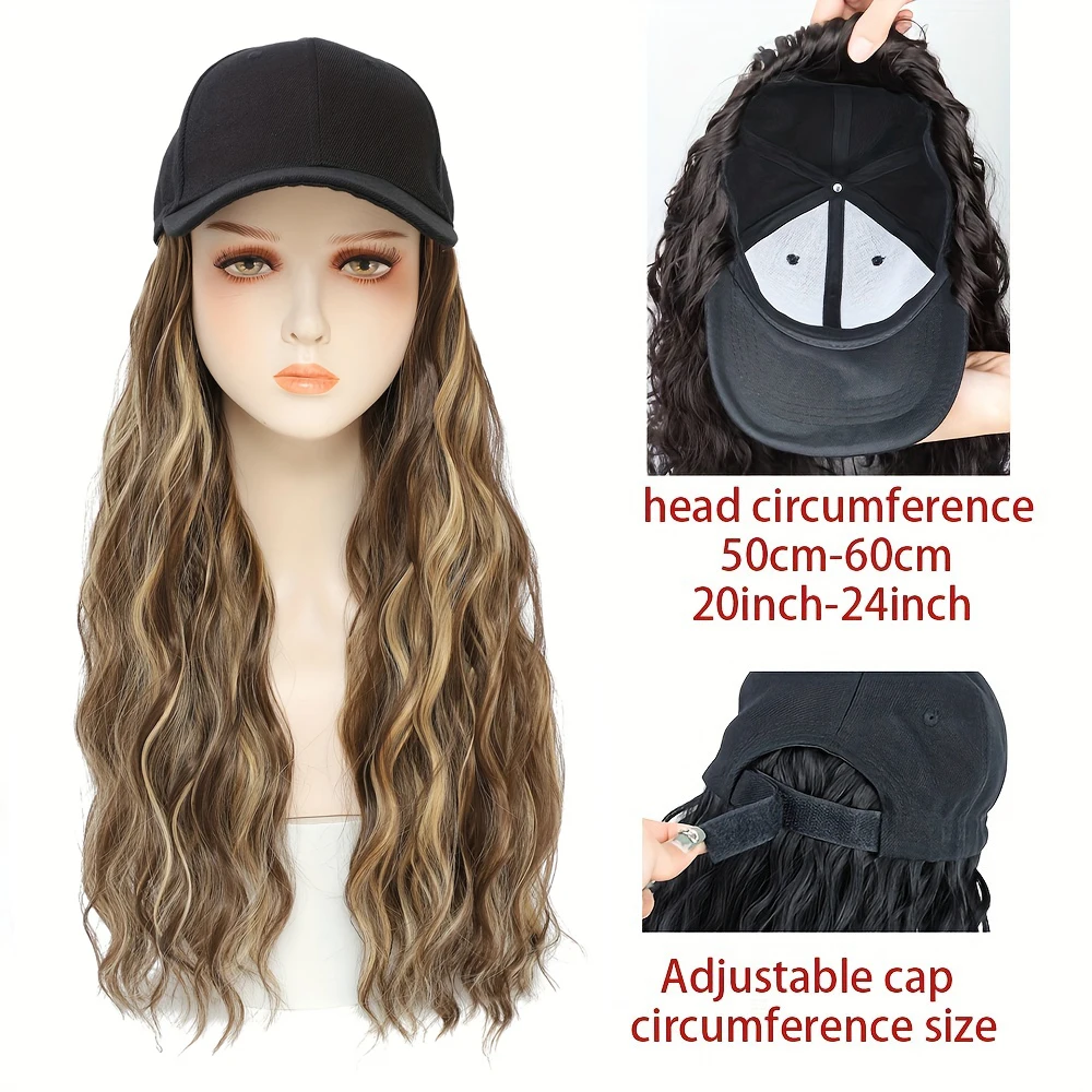 18-дюймовый женский вьющийся парик с бейсбольной кепкой, термостойкий синтетический, коричневые блики, ежедневное использование на открытом воздухе/пляже, все этницы