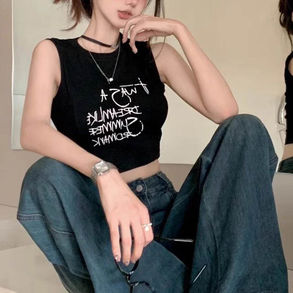 

Повседневный жилет L M Топ без рукавов с мультяшным узором Клубный наряд для повседневной носки Обычная длина одежды с буквенным узором