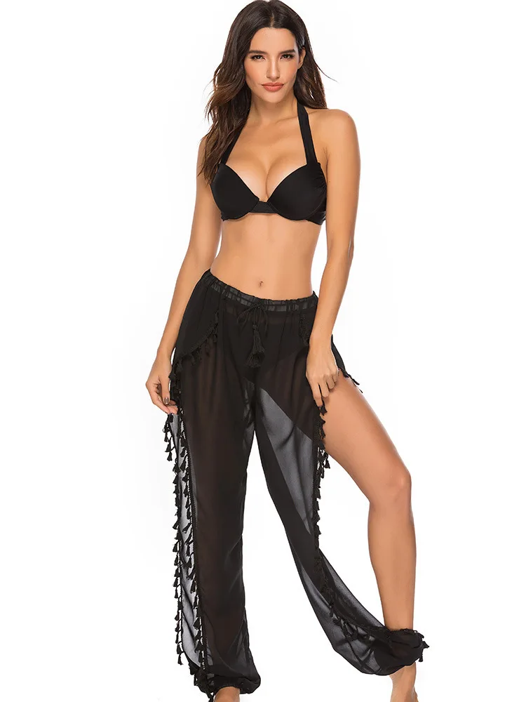 

Новые пляжные свободные шифоновые брюки с разрезом по подолу, повседневные вязаные полые длинные брюки