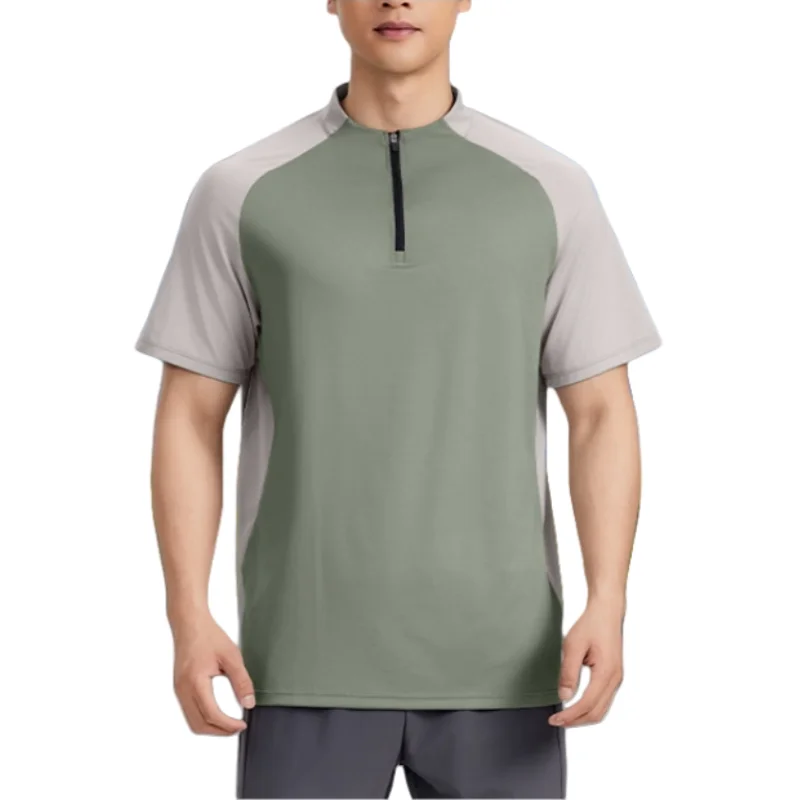 

Summer Men's Short Sleeve Quick Drying Breathable T-shirt Stand Collar Zipper Loose Sports Running Sweat Wicking T-shirt