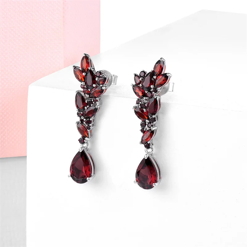 Natural Red Garnet Sterling Silver Drop Earring Women Romantic Style 5.8 Carats Genuine Gemstone Christmas Gift Top Quality