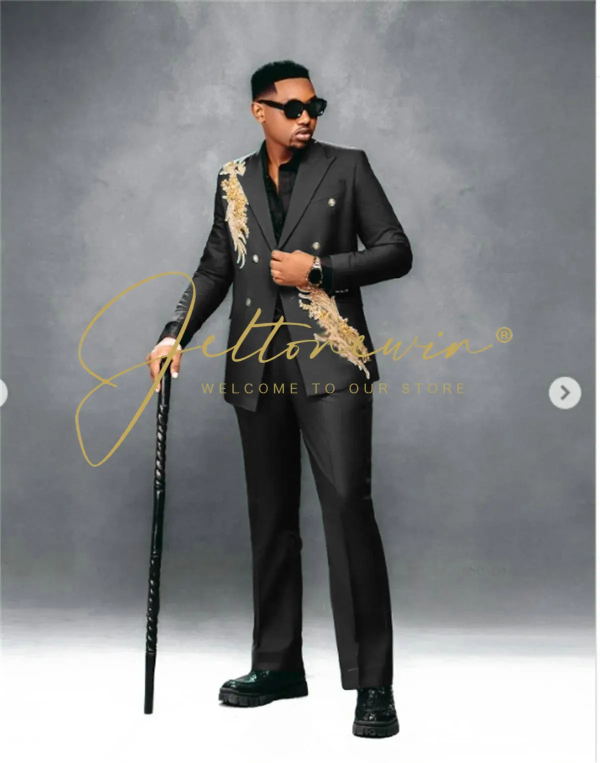 

Double Breasted Black Men Suits Gold Beadding Applique Groom Wedding Tuxedos 2 Pieces Sets Male Prom Blazers Costume Homme