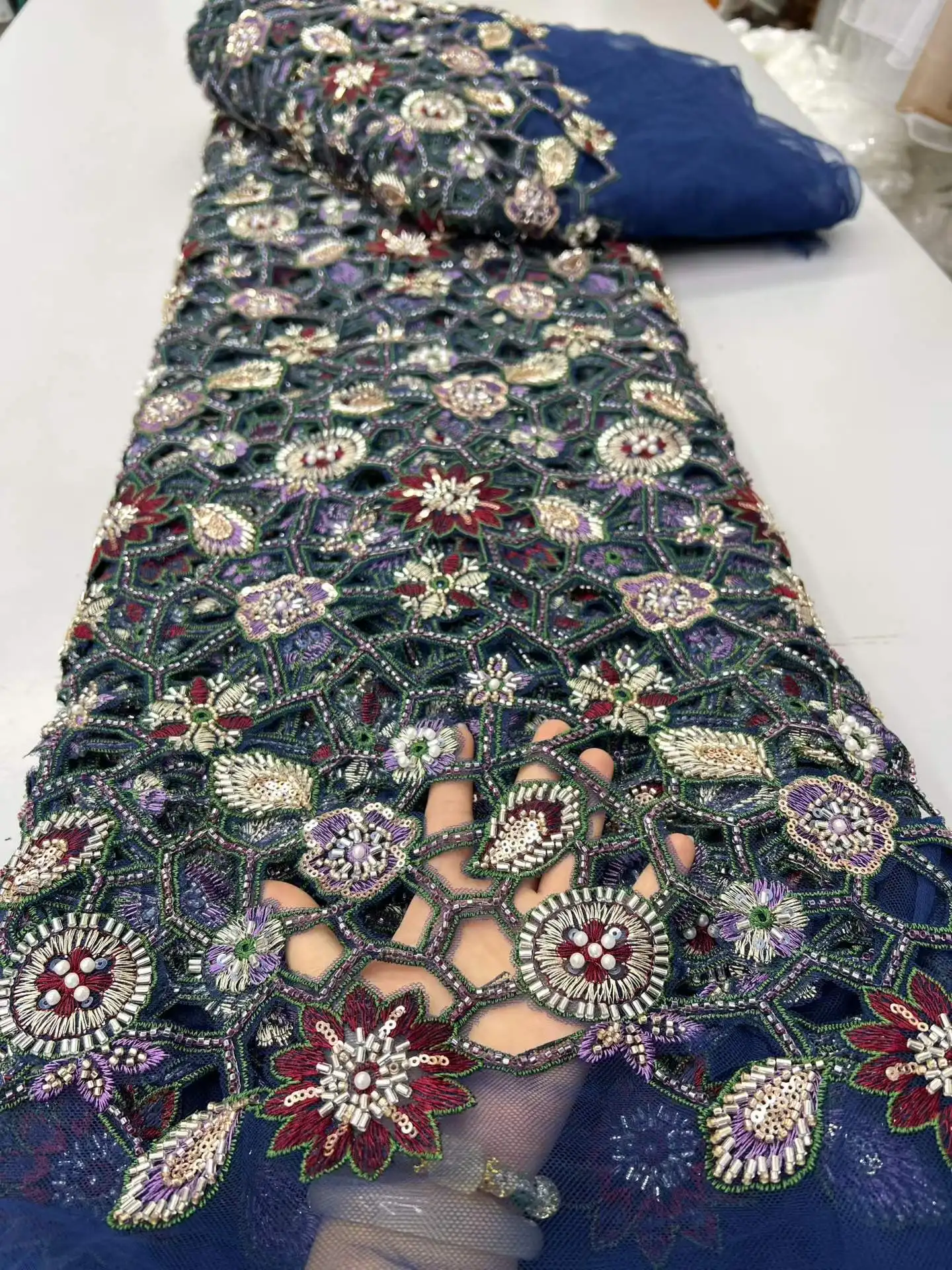 African Heavy Beaded Lace Fabric 5 Yards 2026 High Quality Nigerian Sequins French Tulle for Wedding Party Dress Material Sewing
