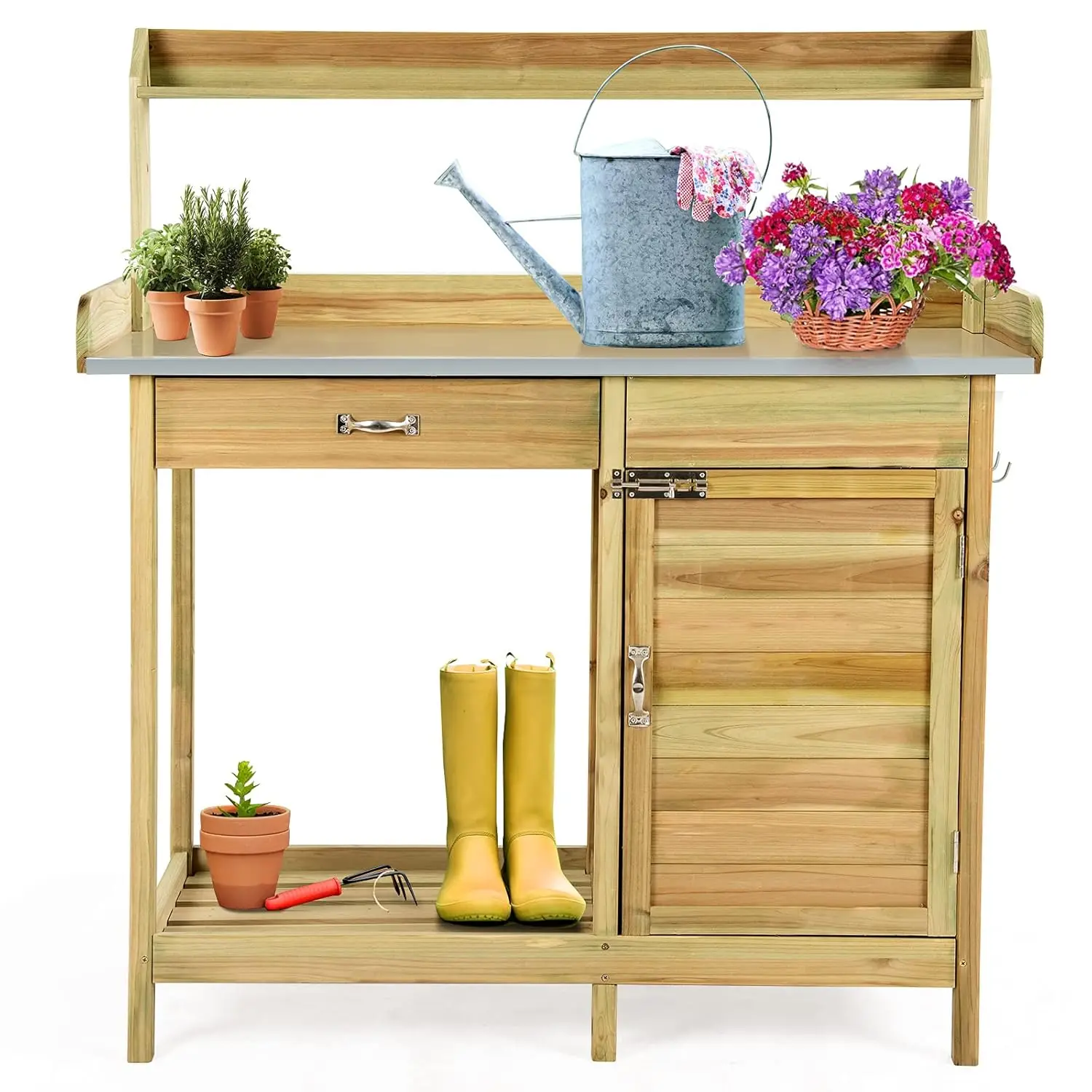 

Outdoor Potting Bench Table, Wooden Garden Work Station with Drawer, Storage Cabinet, Open Shelf, Side Hooks, Metal Tabletop Gar