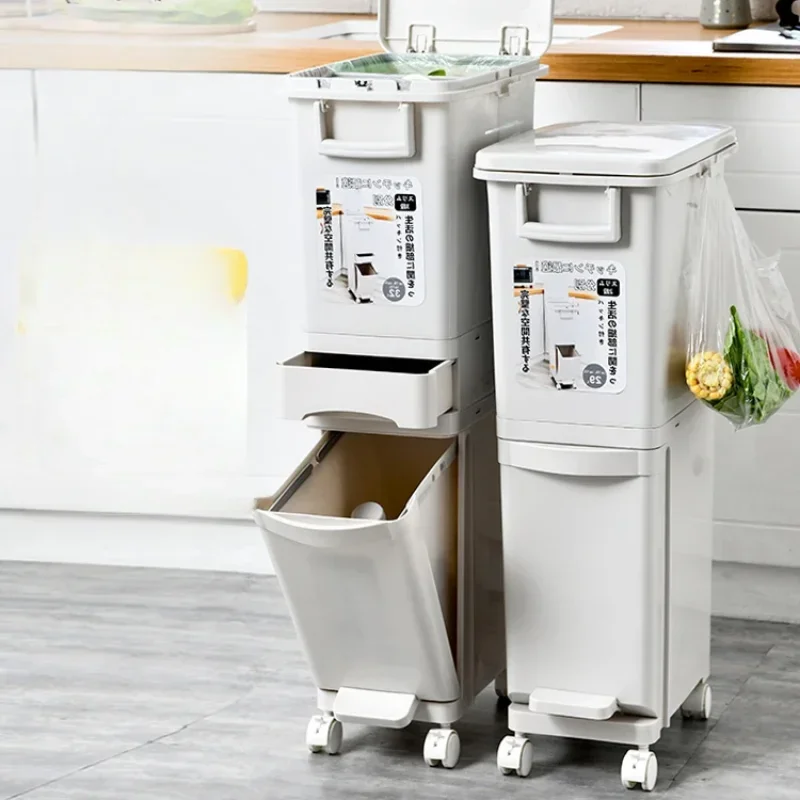 Kitchen Classification Waste Bins 2/3 Layers Large Capacity Dry & Wet Trash Separation Odor Prevention Lid Modern Trash Solution