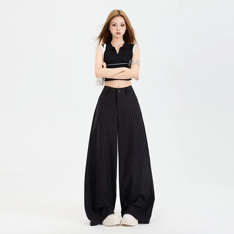 Black Striped Wide Leg Suit Pants for Women Loose Thin Hanging Casual Versatile Slimming Multi-functional Straight Leg Pants
