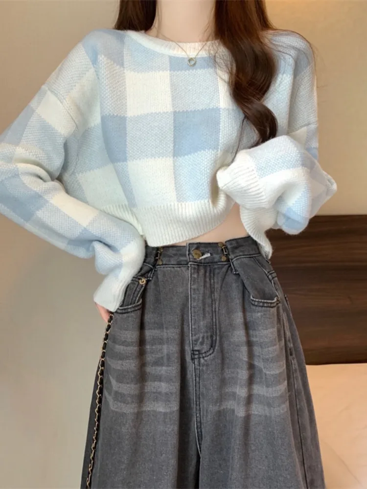 

Sweet Sle ort Svel Knitted Sweater Women's Autumn Winter Inner Wear Loose Lazy Sle Top Pink Plaid Base Layer irt