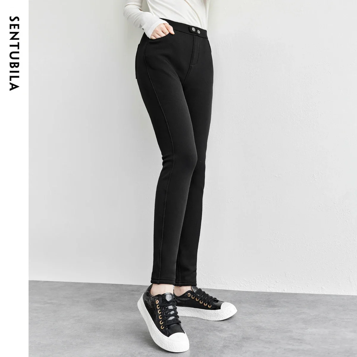 

SENTUBILA Winter Warm Fleece-Lined Knitted Skinny Pants Women 2025 Pencil Pants Elastic Waist Full-length Trousers W44K56480