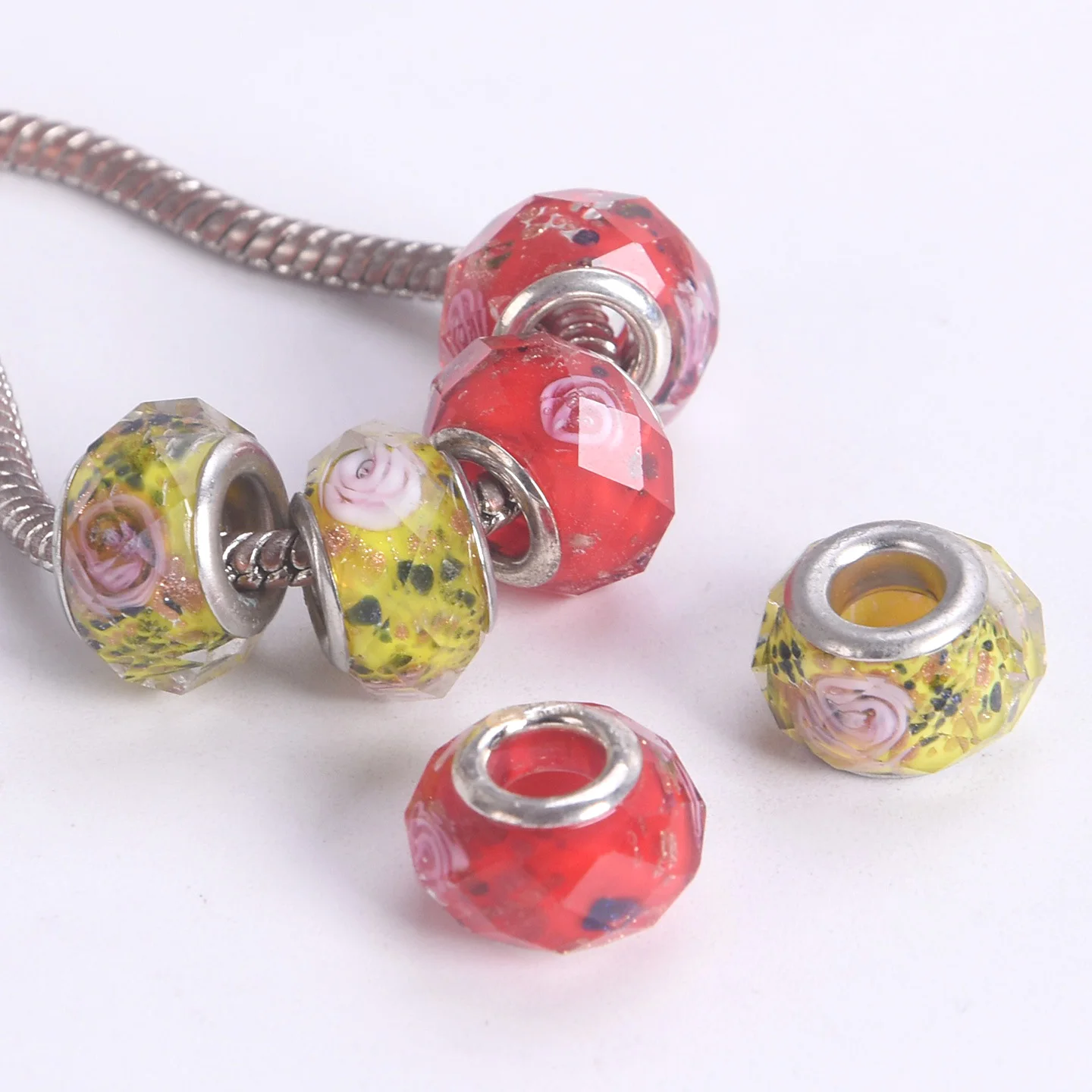 

5pcs Rondelle Faceted Lampwork Glass European Charms Big Hole Beads For Jewelry Making DIY Crafts Findings