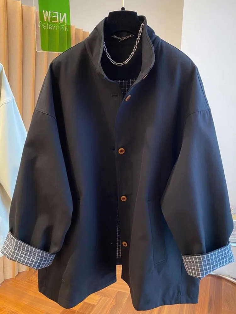 Spring Autumn Plus Size Loose Collar Plaid Jacket Coat Women New Temperament Fashion Joker Contrast Windbreaker Ladies Jackets