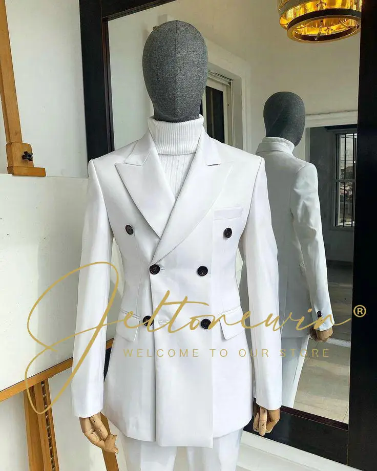 Luxury Wedding Men Suits Gentlemen Double Breasted White Shawl Lapel Regular Length 2 Piece Jacket Pants Outfits Blazer Terno