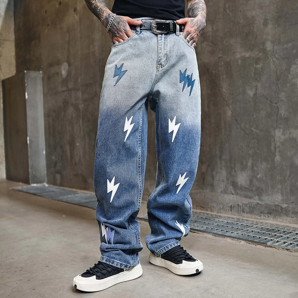 

Men's Lightning Patch Denim Jeans Loose Straight Hip Hop Streetwear Pants Relaxed Fit Blue Trousers