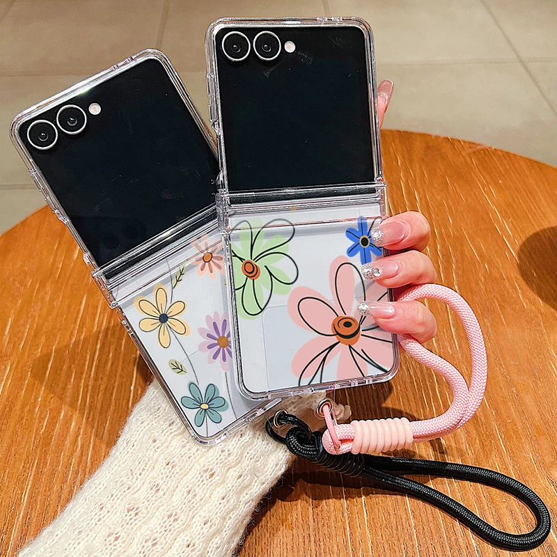 Wrist Strap Lanyard Clear Phone Case For Samsung Galaxy Z Flip 7 FE Flip6 Flip5 Flip4 Flip3 5G Pink Flower Printed Folding Cover view 2