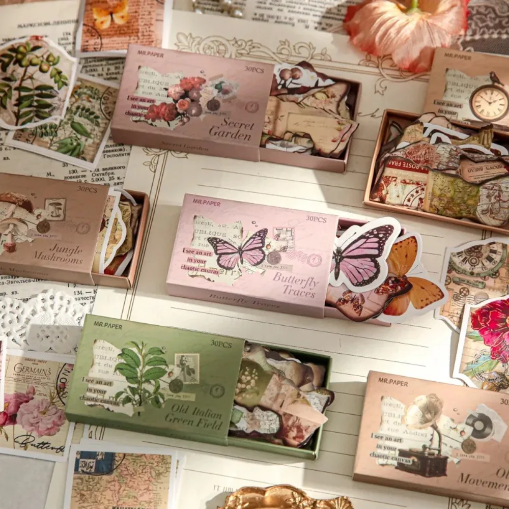 

Mr. Paper 6 Style 30 Pcs/pack Vintage Copper Boxed Butterfly Stickers Journal Decoration DIY Stationery Sticker