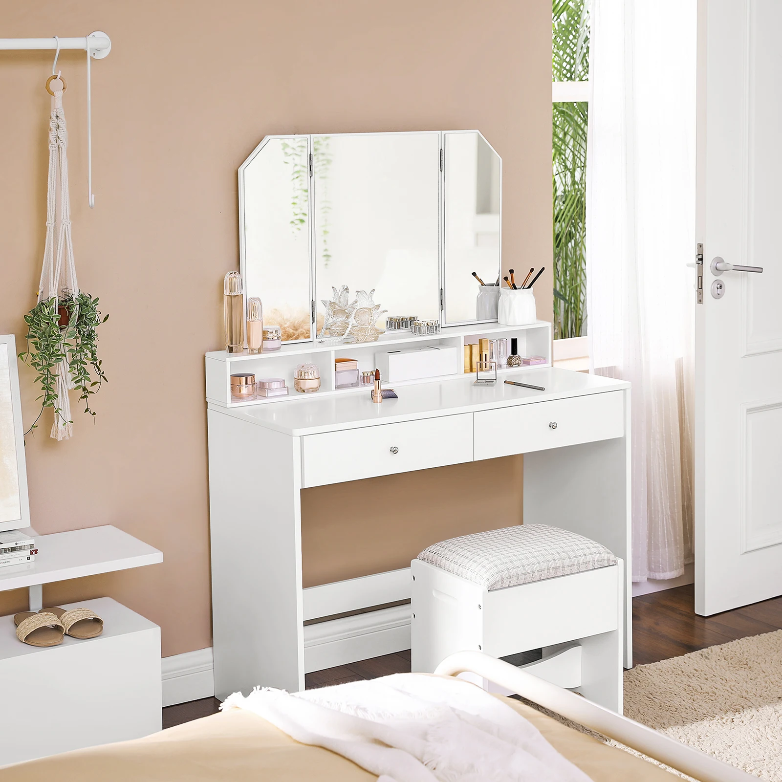 VASAGLE Dressing Table with Tri-Fold Mirror, Makeup Table with 2 Drawers and 3 Open Compartments, Vanity Table