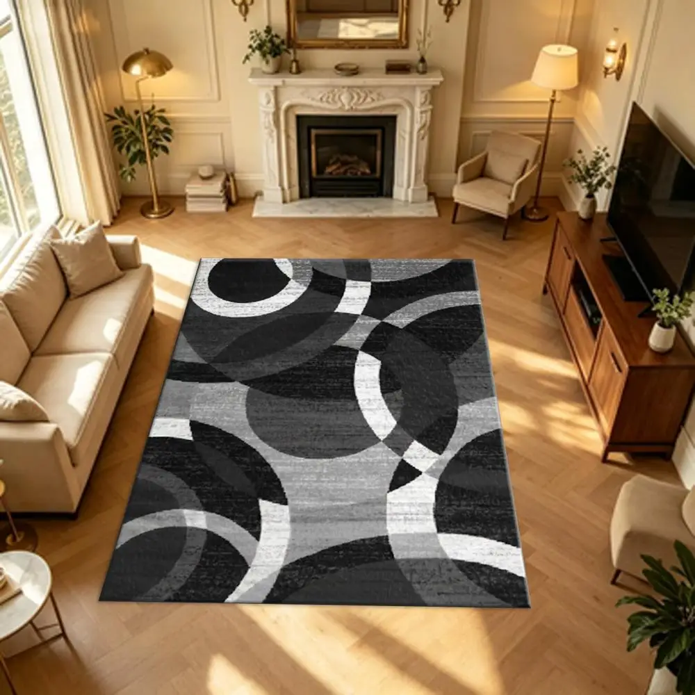 Black Grey Overlapping Circle Carpet Flooring, Modern Abstract Square Area Rug for Living Room Home Decor