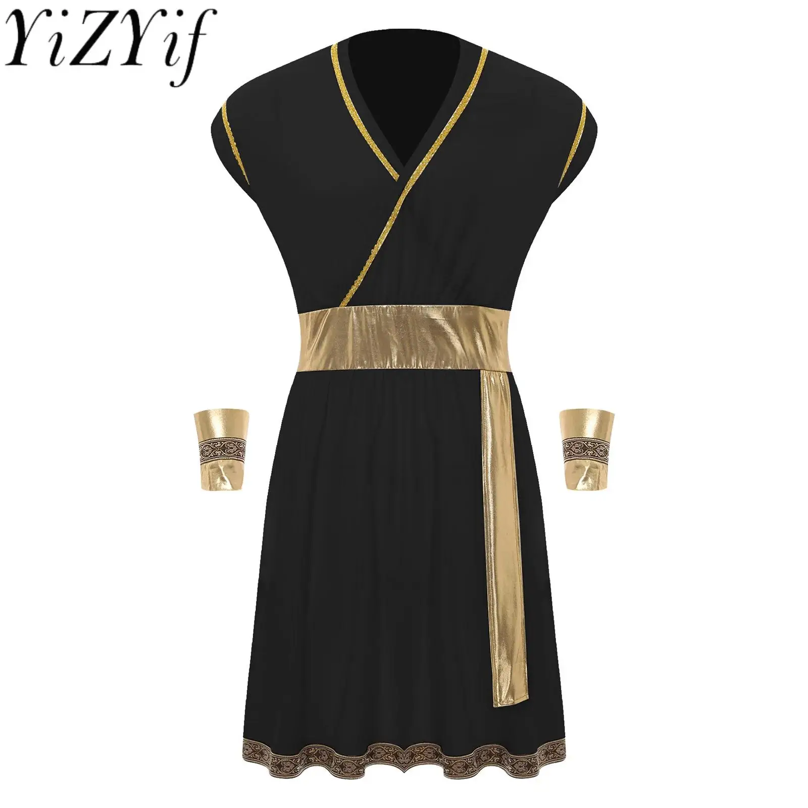 

Men Ancient Greek Prince Warrior Knights Cosplay Uniforms Sleeveless Metallic Dress Robe with Cuffs Set for Halloween Carnival