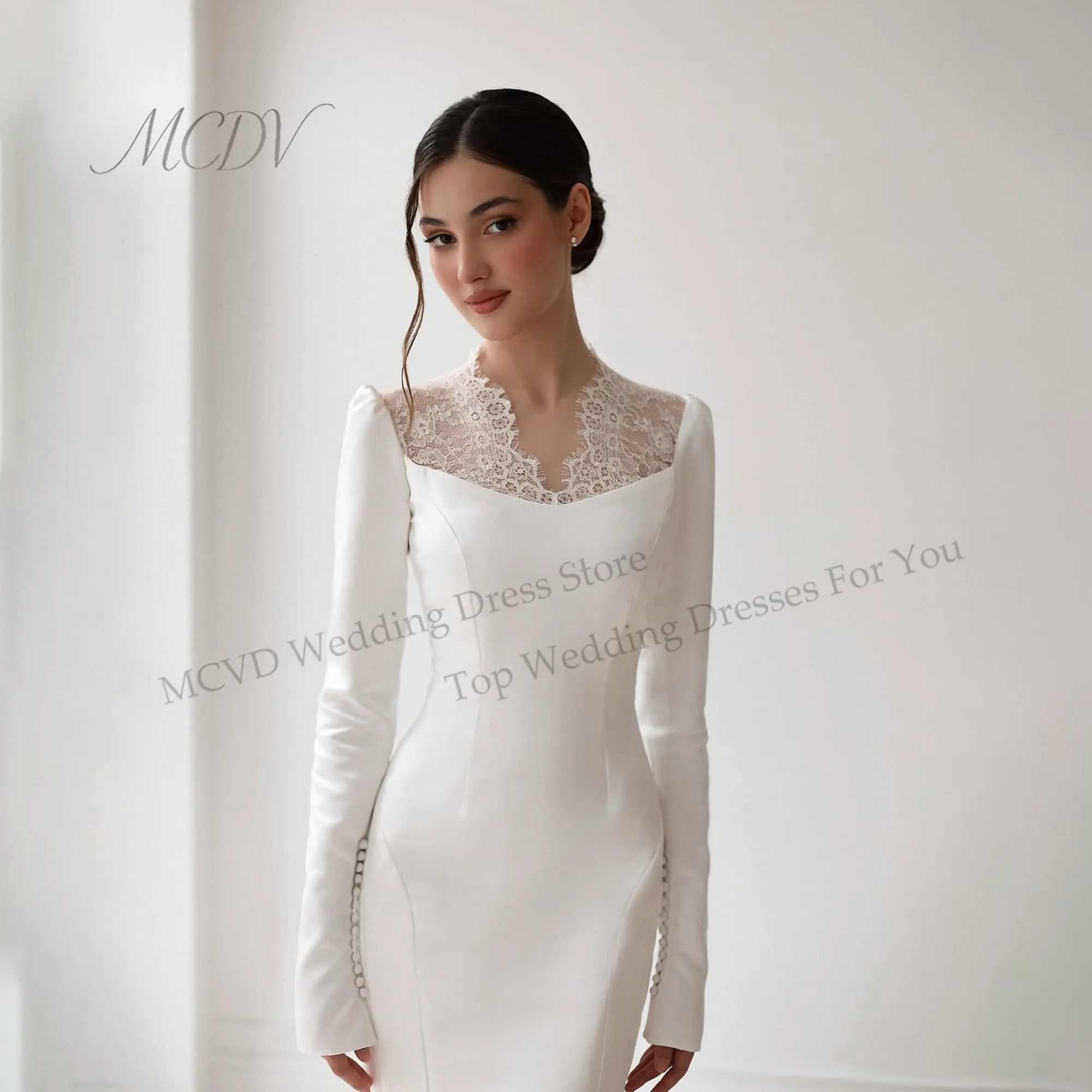 Elegant V-Neck Satin Wedding Dresses Bridal Long Sleeve Sweep Train Zipper Back Mermaid Bridal Gown свадебное платье Customized