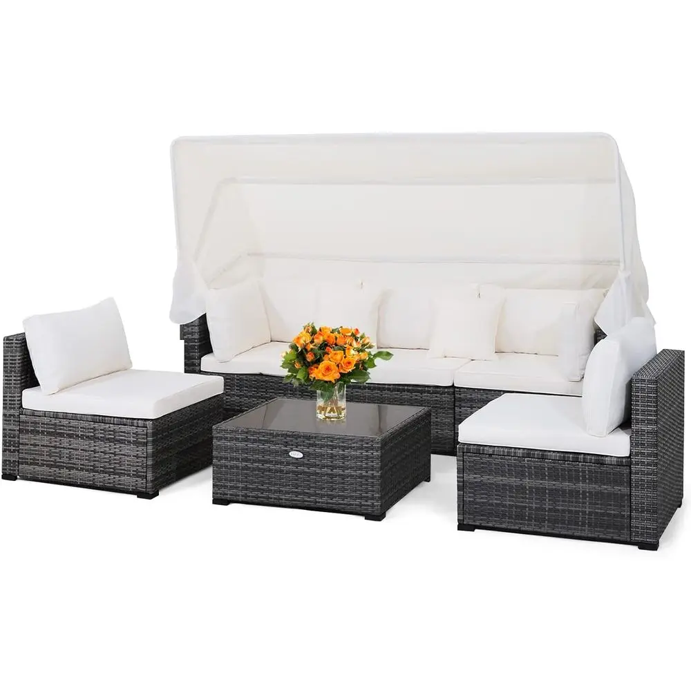 

6-Piece Outdoor Patio Furniture Set with Retractable Canopy, 3-Seat Daybed Sofa, Cushions, and Tempered Glass Table