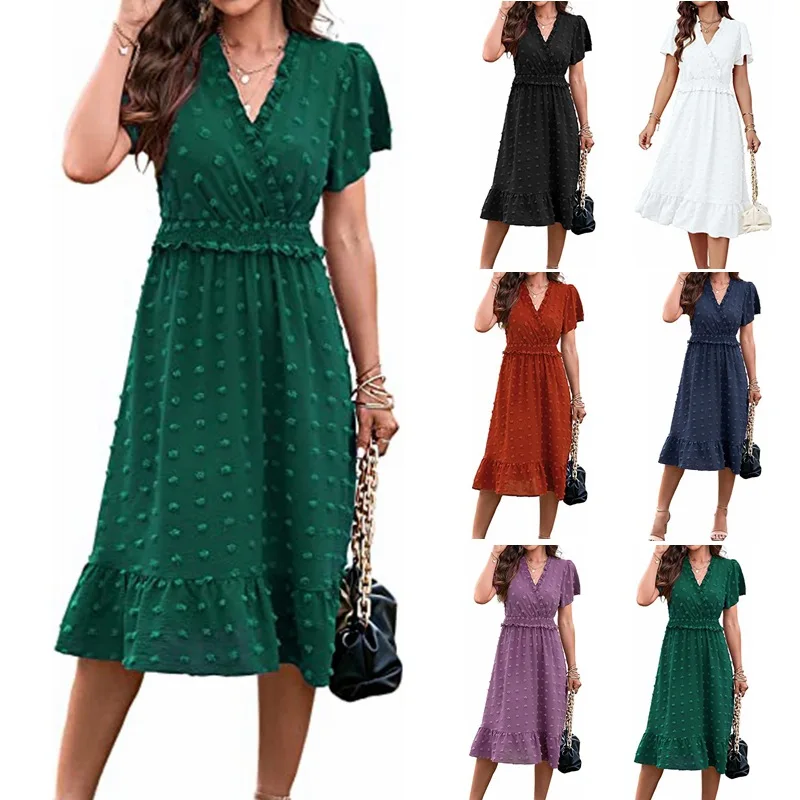 

Women's V-Neck Polka Dot Pleated Bohemian Short-Sleeved Dress, Summer, European and American