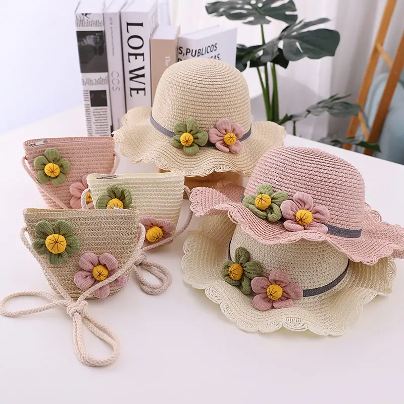 Girls Straw Hat Set Tourism Sun Hat Flower Children Sun Hat and Bag Set Baby Outdoor Wide Brim Bucket Hats