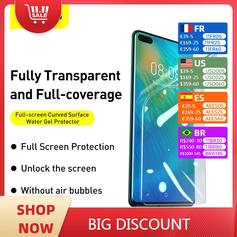 

Baseus 0.15mm 2Pcs Full-screen Curved Surface Water Gel Protector Film For Huawei P40/P40 Pro/Mate 30 Pro Screen Protector Film